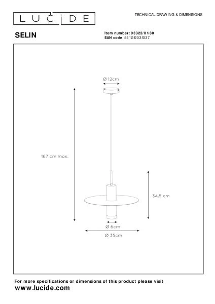 Lucide SELIN - Hanglamp - Ø 35 cm - 1xGU10 - Zwart - technisch